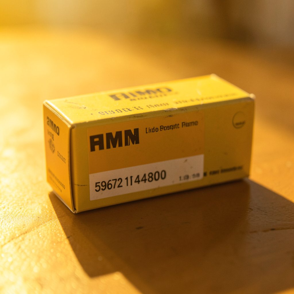 Golden-hour image of an ammunition box on a rustic surface, warm light emphasizing texture and detail.