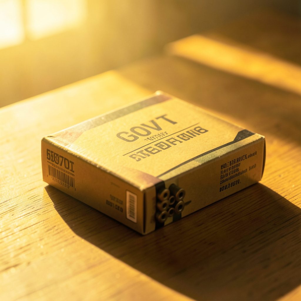 A warm golden-hour photograph of a box of 45-70 Government ammunition cartridges on a dark wooden surface, with soft amber light casting long shadows and a rich, earthy tone.